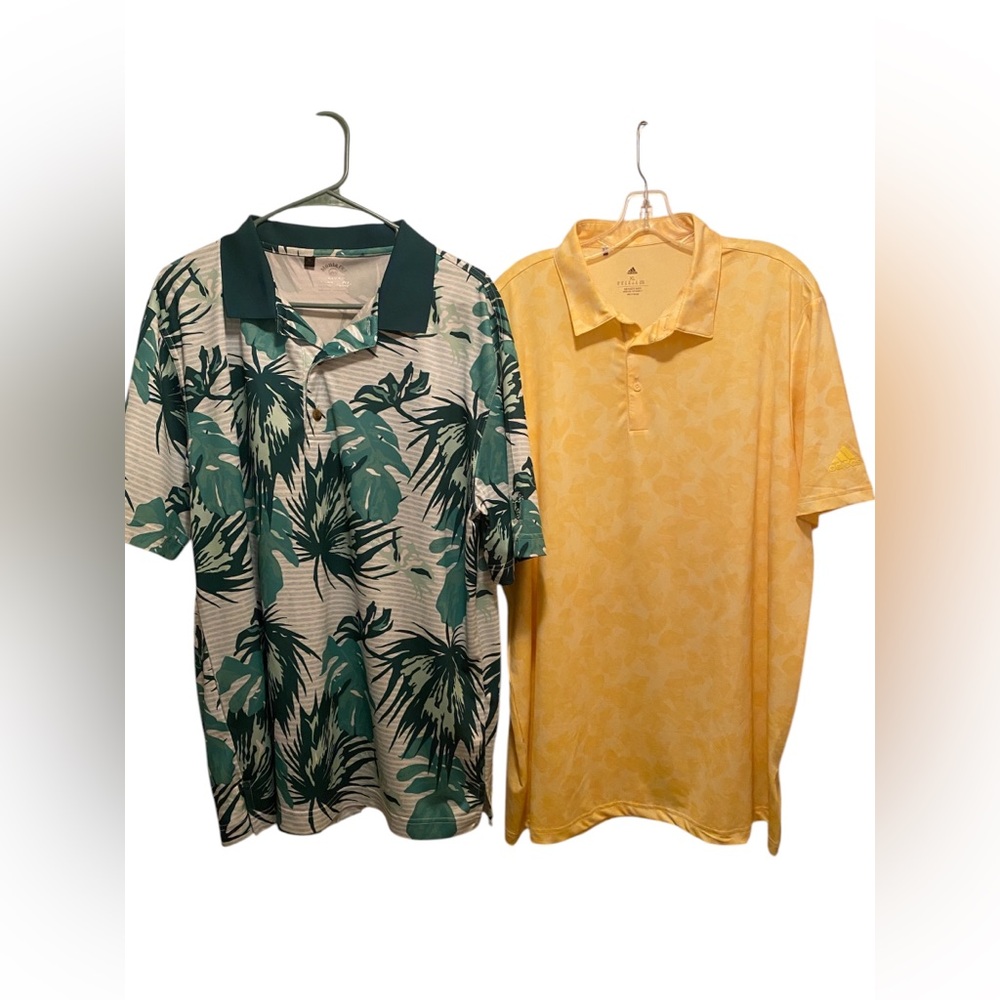 Bundle of Floral Print golf polos. Brands include Adidas and Monterey. Size XL